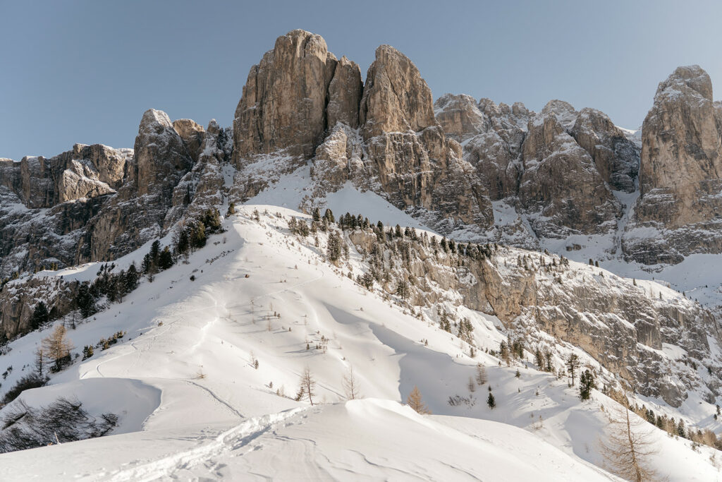 Snowy mountain landscape with rocky peaks and trees.