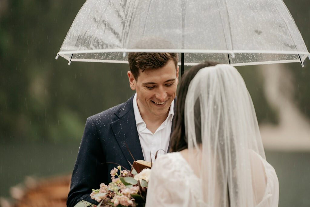 Bride and groom under umbrella in the rain.