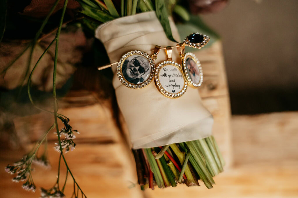 Wedding bouquet with memorial photo charms