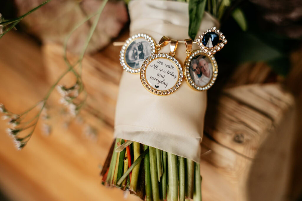 Wedding bouquet with memorial photo charms