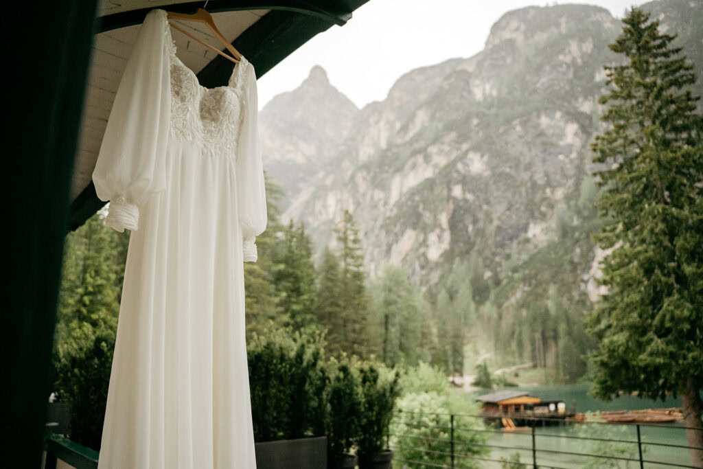 White wedding dress with mountain view background
