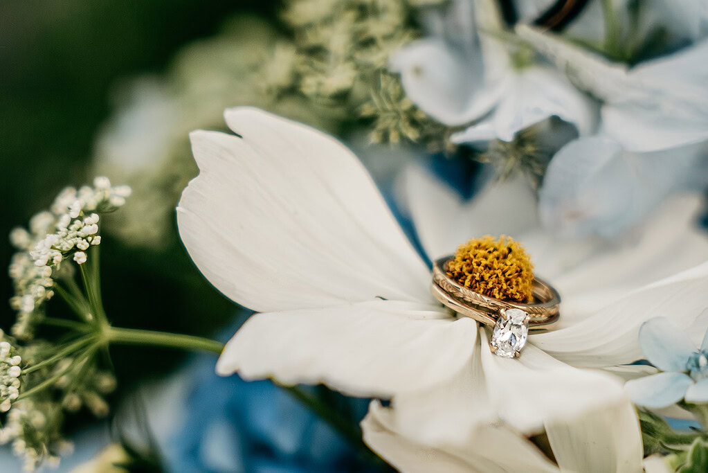 Engagement ring on white flower with blue accents.