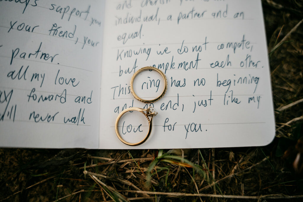 Wedding rings on handwritten love note