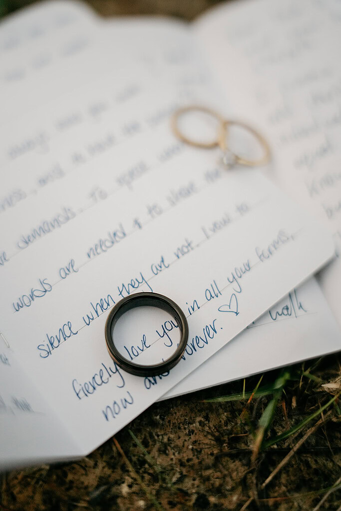 Wedding rings on handwritten love letter close-up.