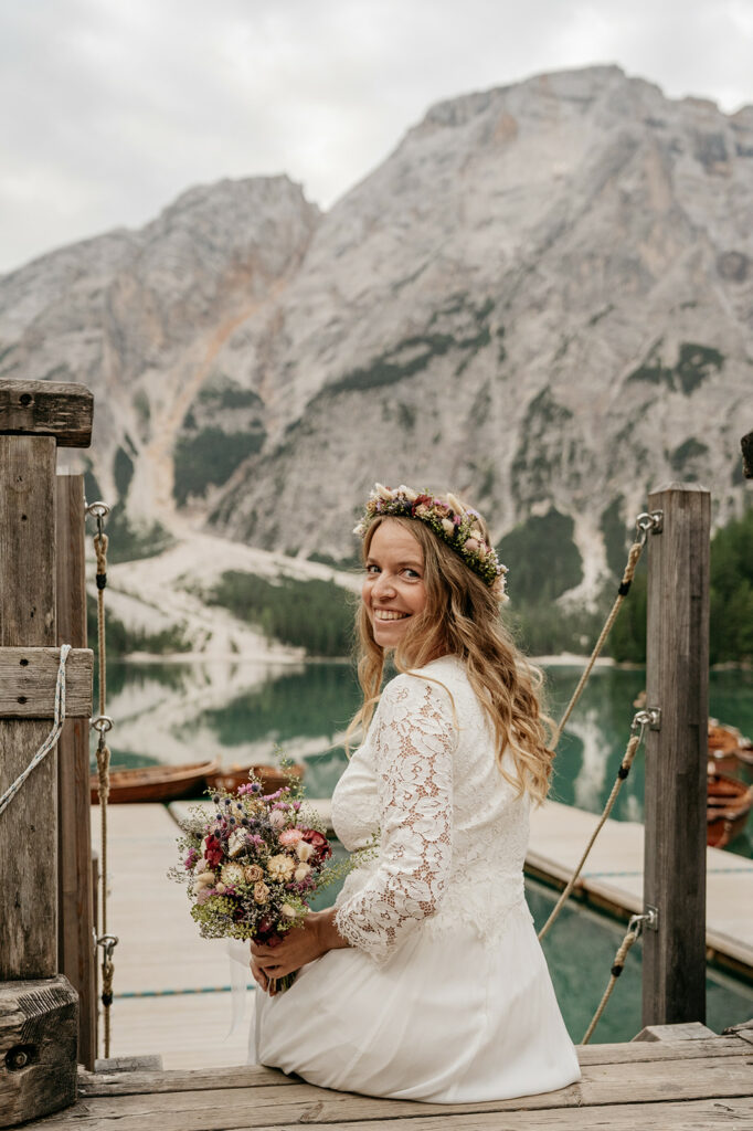 Bride smiling with mountains in background