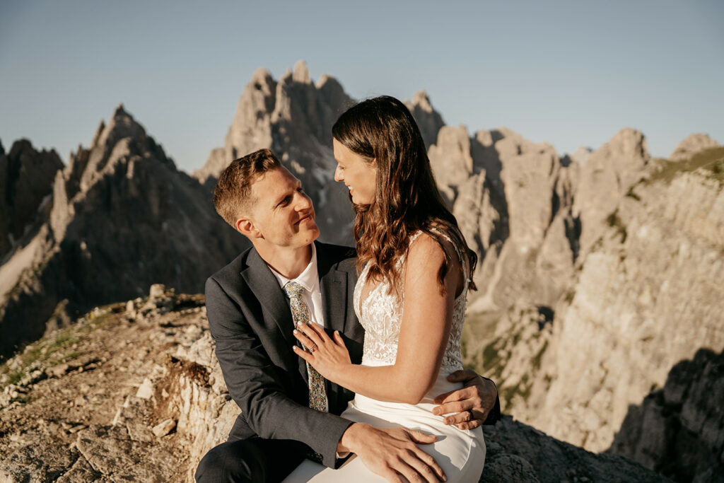 Couple embracing in mountain scenery