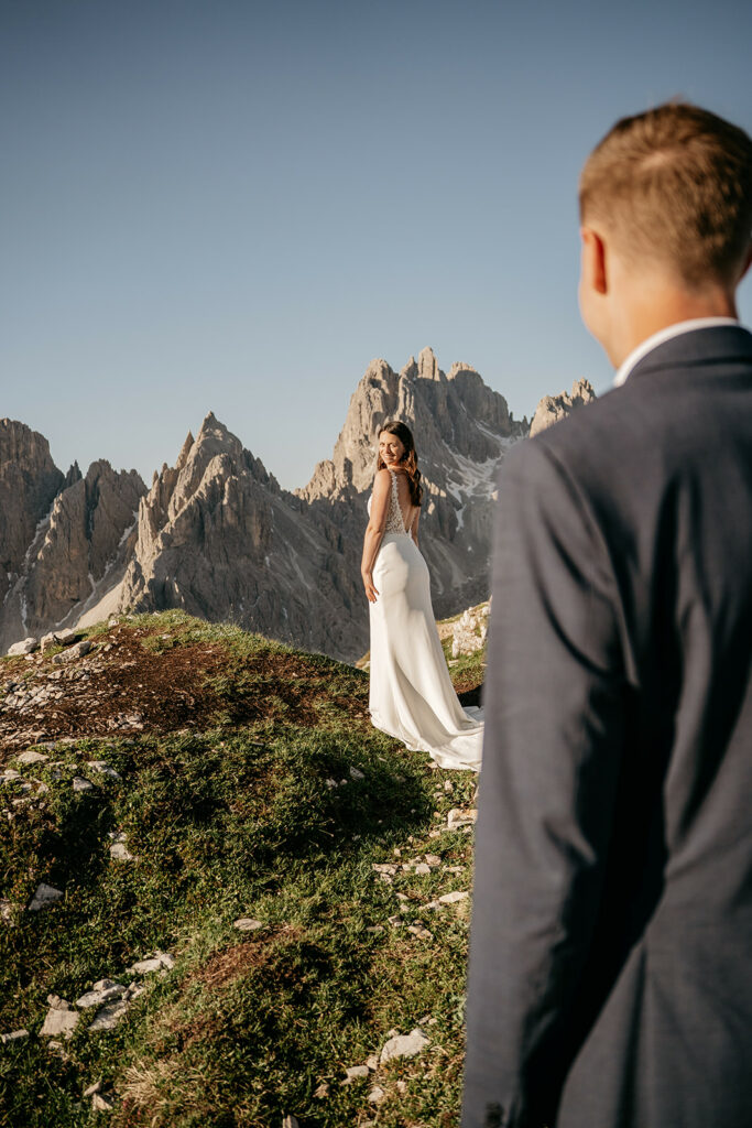 Bride and groom in mountain landscape