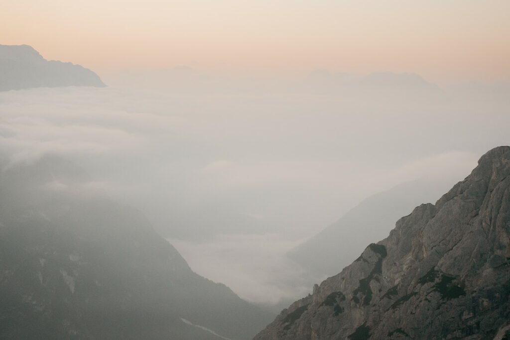 Misty mountain landscape at sunrise