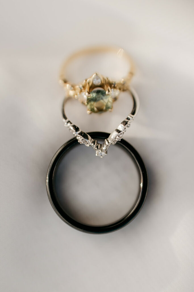 Elegant gold and silver rings arrangement.