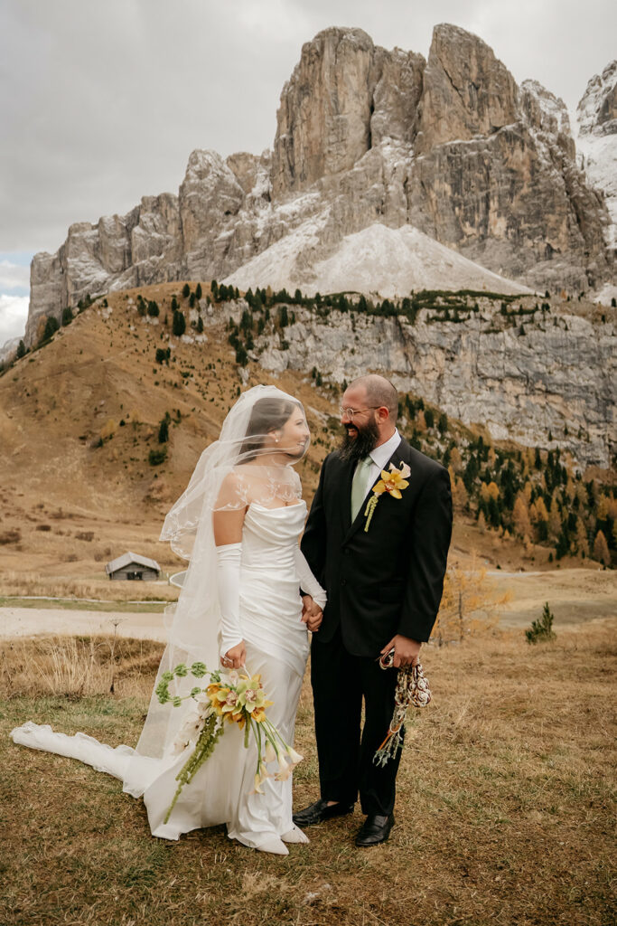 Bride and groom in mountain landscape
