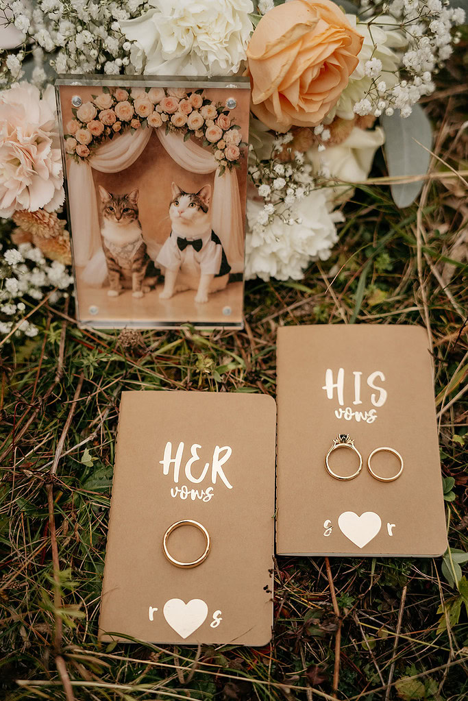 Wedding vow books with rings and cat photo.