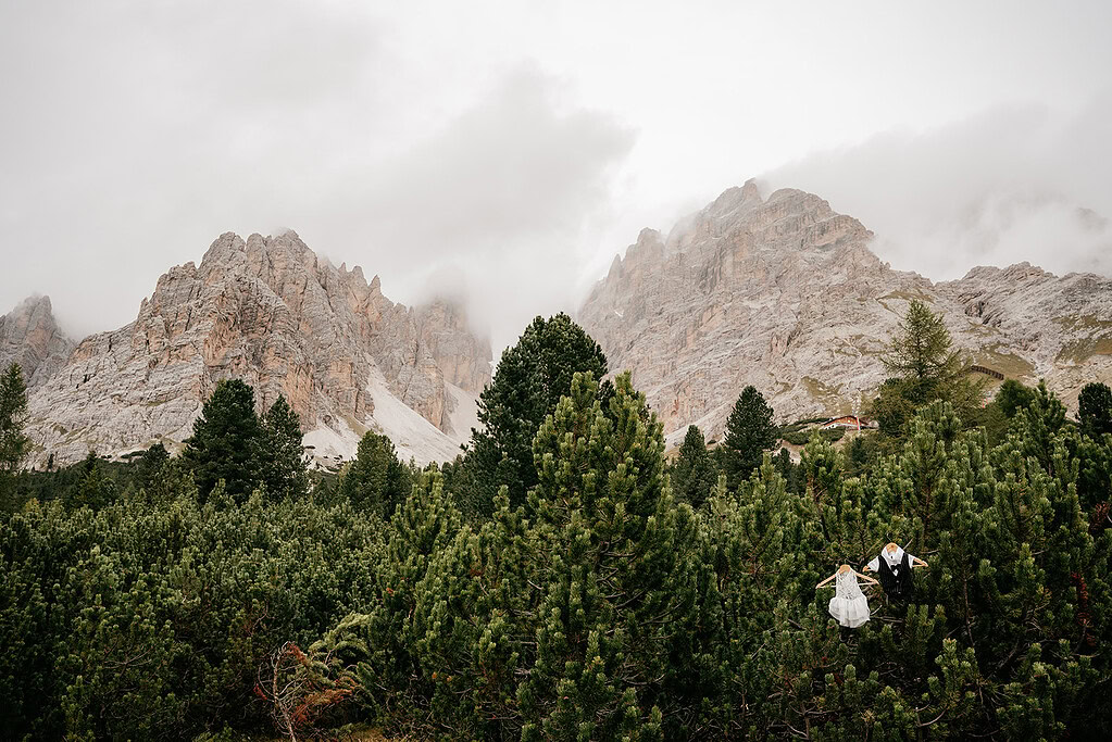 Mountain landscape with pine trees and cloudy sky.